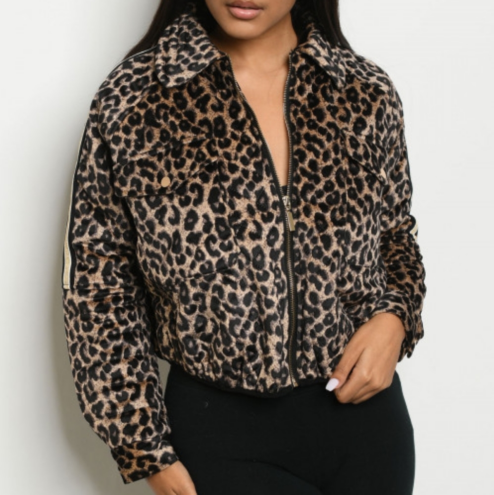 Velvet Leopard Print Puffer Bomber Jacket - Picture 4 of 5